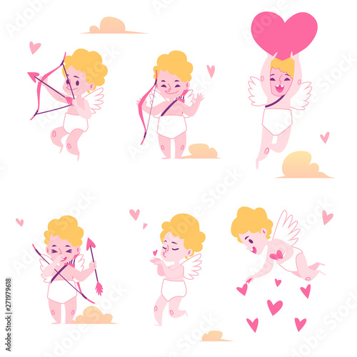 Set of cute blond baby boy angels, cupids and amurs with bows, arrows and hearts.