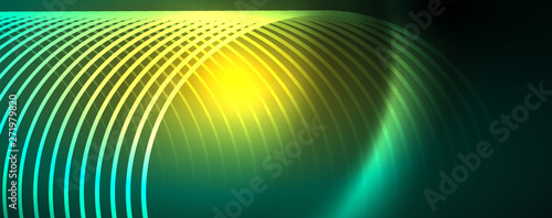 Shiny neon lines template - northern lights glowing blur lines. Futuristic style glow neon 80s disco club or night party techno template
