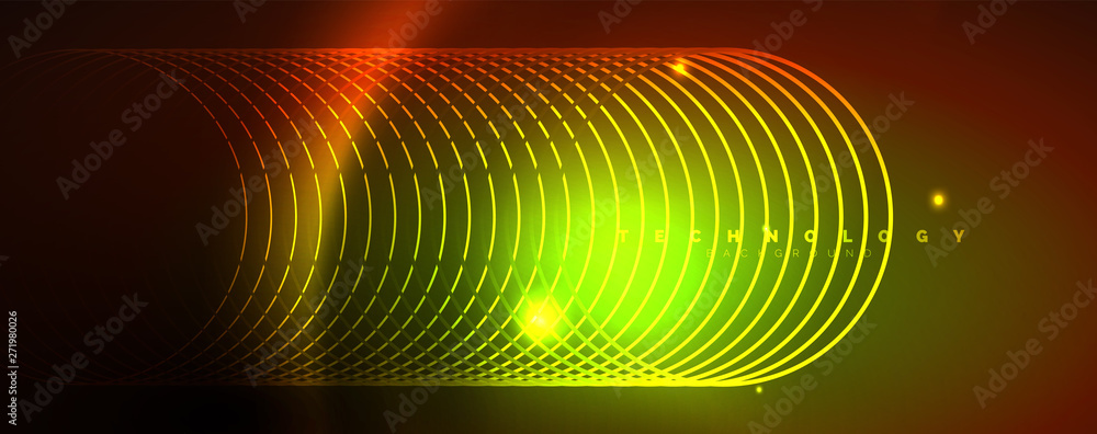 Bright neon circles and wave lines, glowing shiny background design template, digital techno concept. Bright neon circles and wave lines, glowing shiny background design template, digital techno concept.