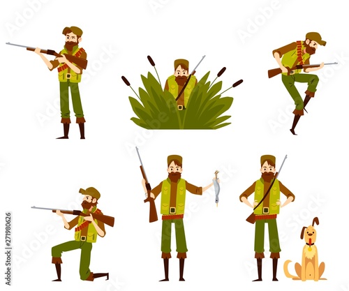 Hunter with rifle or weapon and dog set of vector flat icons isolated on white.