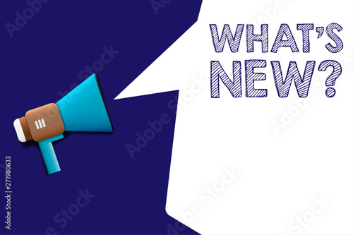 Hand holding megaphone with What's New? text. Hand holding megaphone with open space for your text.