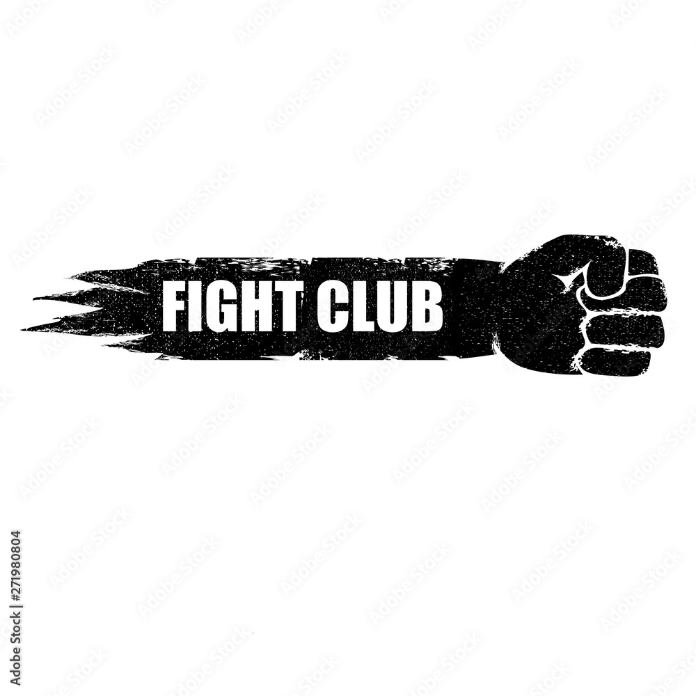 fight club vector logo or label with grunge black man fist isolated on