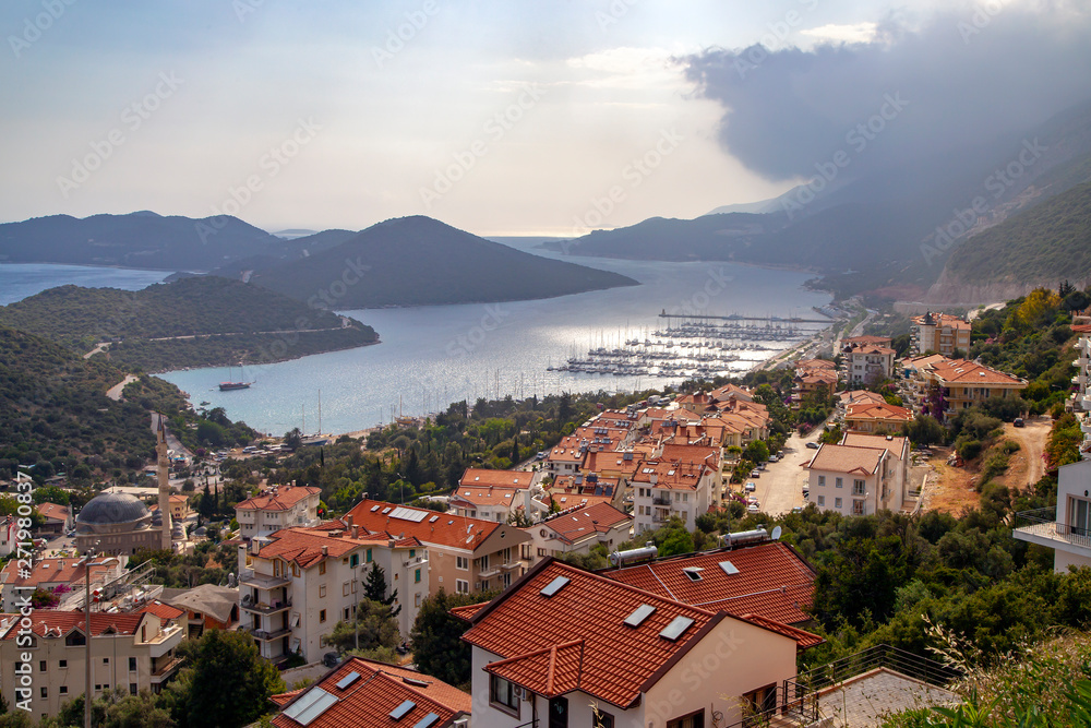 Kas city and marina view in a cloudy day. Kas is a very famous touristic town in Antalya, Turkey