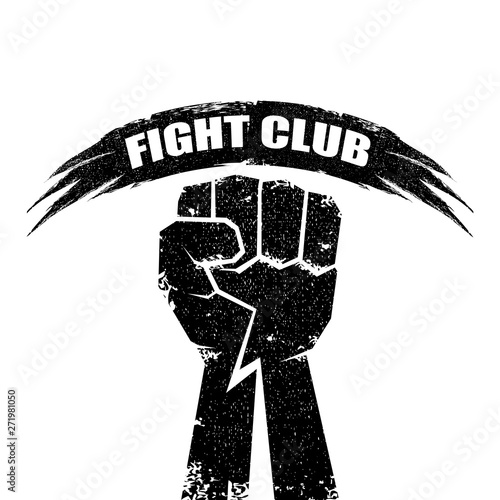fight club vector logo or label with grunge black man fist isolated on white background. MMA Mixed martial arts concept design template. Fighting club label for print on tee