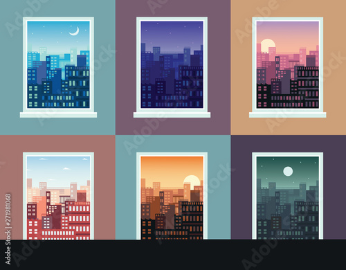 Landscape window view with characters and elements flat vector illustrations set.