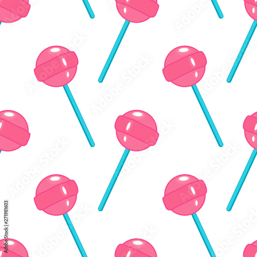 Seamless pattern with pink round lollipops isolated on white background. Cartoon retro style sweet candy vector wallpaper.