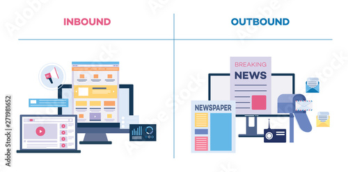 Inbound and outbound or on and offline marketing flat vector illustration isolated.