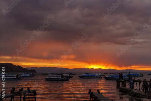sunset over lake titicaca in bolivia