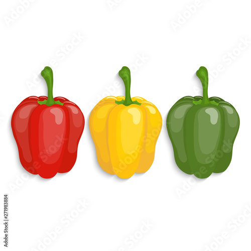 Realistic yellow, red and green bell peppers, vector illustration
