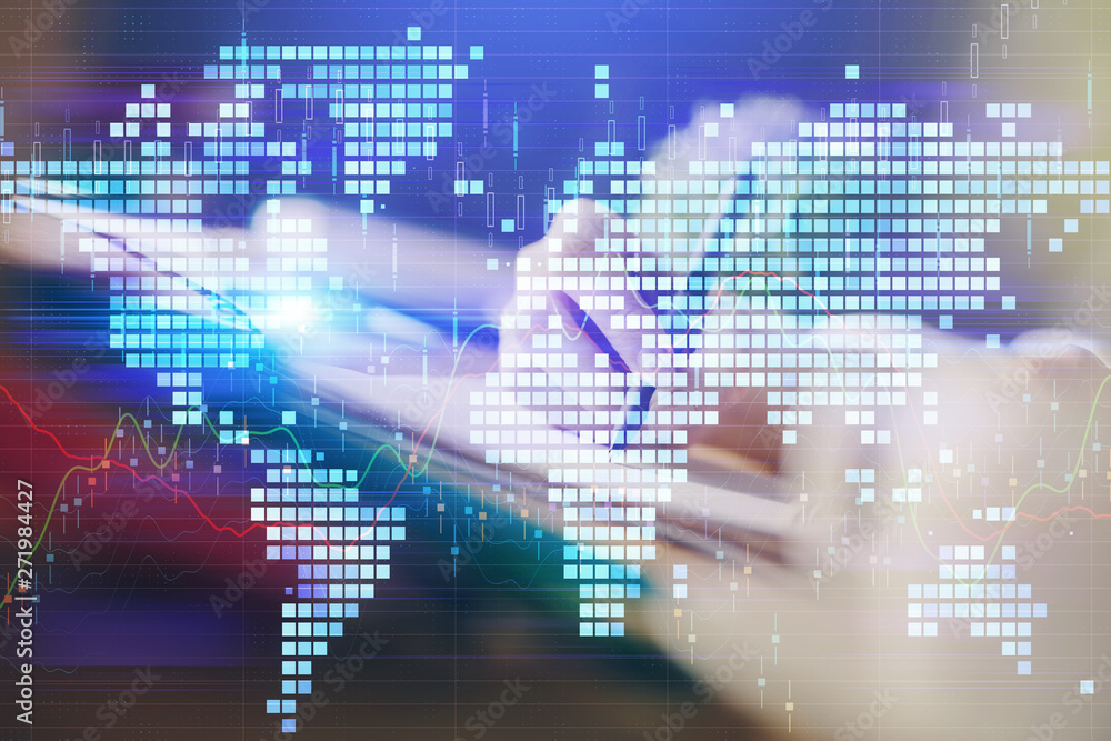 International business hud over woman's hands writing background. Concept of hard work. Double exposure International business hud over woman's hands writing background. Concept of hard work. Double exposure