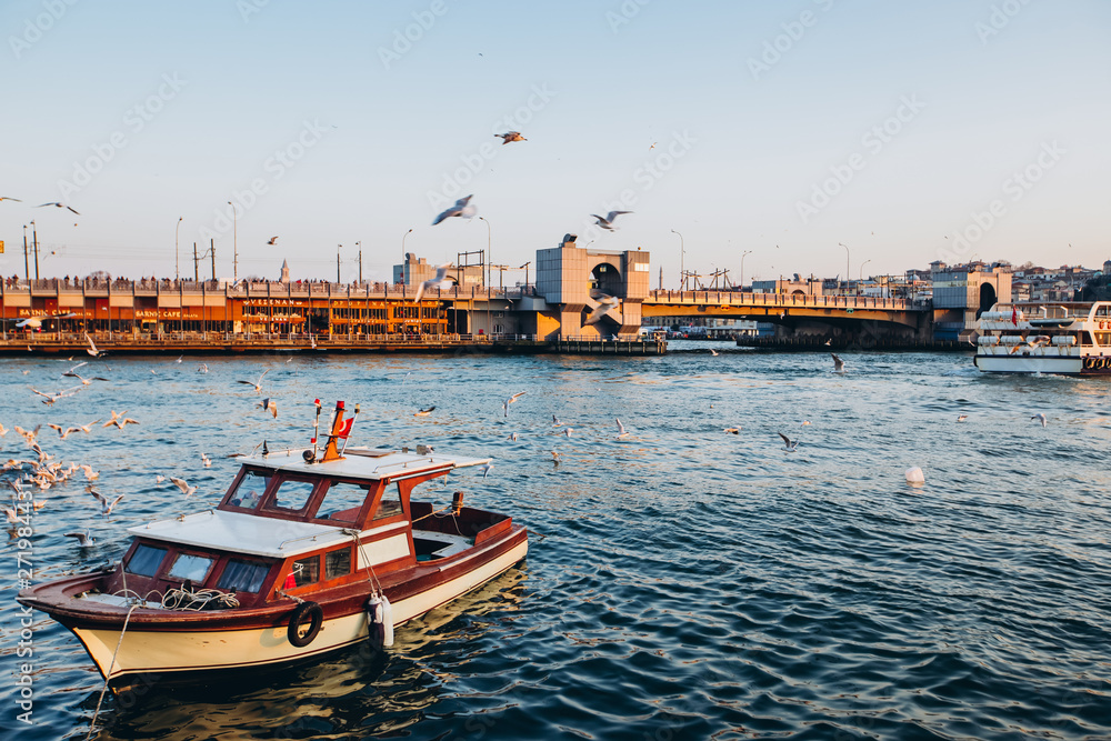 Scenic view of Istanbul and the Galata Tower from the Bosphorus Bay, shot on a sunny day. Vintage fishing boats on the coast in Istanbul. Passenger ferry through the Bosphorus Scenic view of Istanbul and the Galata Tower from the Bosphorus Bay, shot on a sunny day. Vintage fishing boats on the coast in Istanbul. Passenger ferry through the Bosphorus