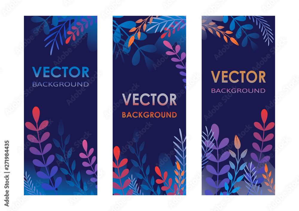 Three vector set of backgrounds with leaves. Perfect for banners, posters, cover design templates, social media and wallpapers.