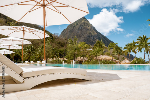 Tropical beach with beach chairs on the beach Saint Lucia, St lucia beach with tropical beach chairs luxury vacation Sugar beach photo