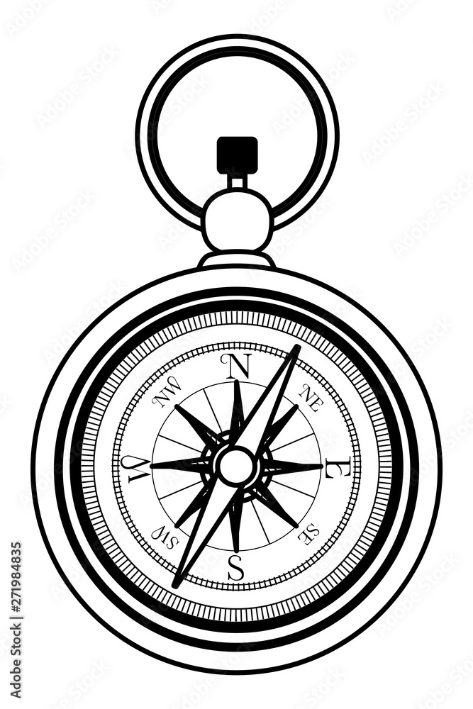 Antique navigation compass cartoon isolated in black and white