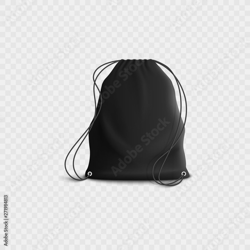 Black backpack with drawstring, realistic blank sports gym bag mockup with rope straps
