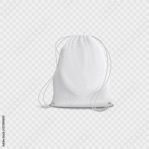 Realistic 3d white blank bag and backpack with drawstring on a transparent background.