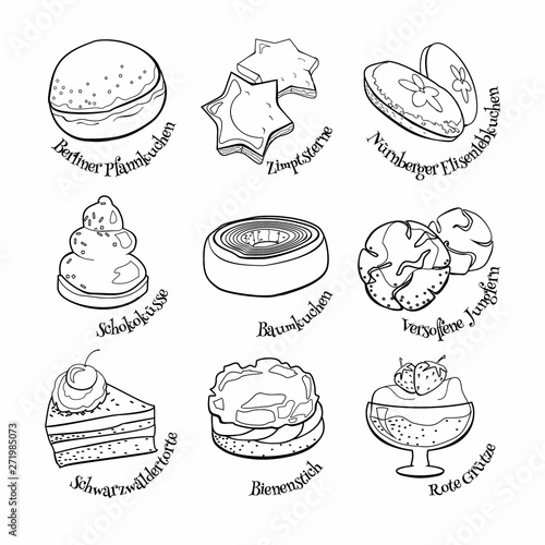 Collection of traditional German desserts. Hand drawn sketch in doodle style.