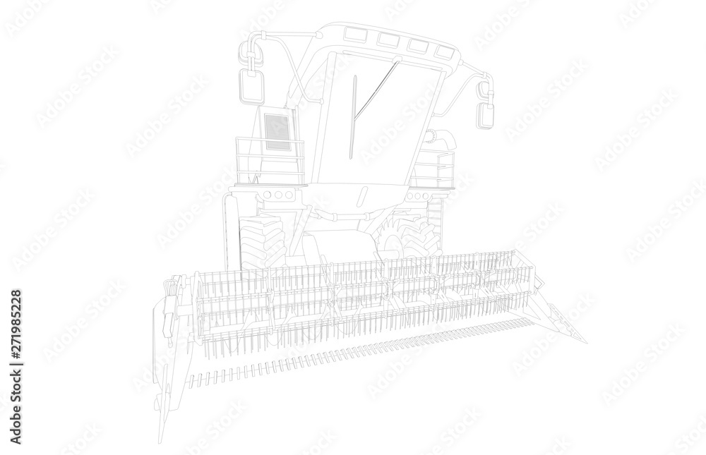 Thin contoured, detailed 3D model of big rye agricultural harvester on white, agriculture equipment innovation concept - industrial 3D illustration