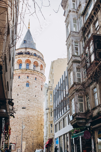 street perspective. Galata tower and street in the old city of Istanbul, Turkey.