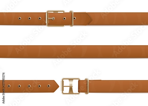 Buttoned, open and closed brown leather belt with metal buckle.