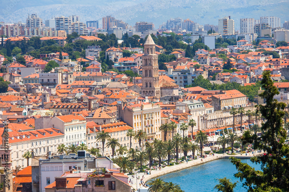 Old town of Split in Dalmatia, Croatia. Parnoamic view of city center, palace of Roman emperor Diocletianus and catherdal. Popular tourist destination in Europe.