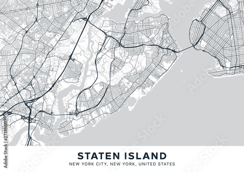Staten Island map. Light poster with map of Staten Island borough (New York, United States). Highly detailed map of Staten Island with water objects, roads, railways, etc. Printable poster. photo