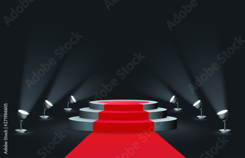 Empty round podium with red carpet illuminated by spotlights realistic style