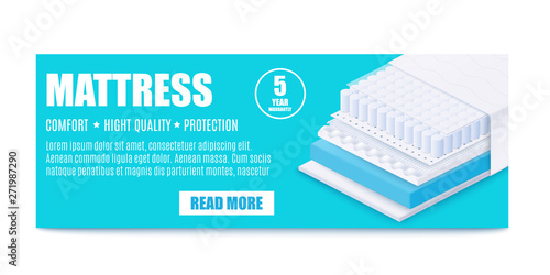 Banner for promotion of matress layered with comfort, high quality and protection.