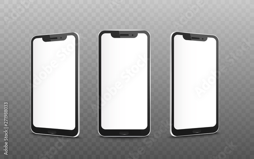 Mockup set of smartphone with blank screen in different views realistic style