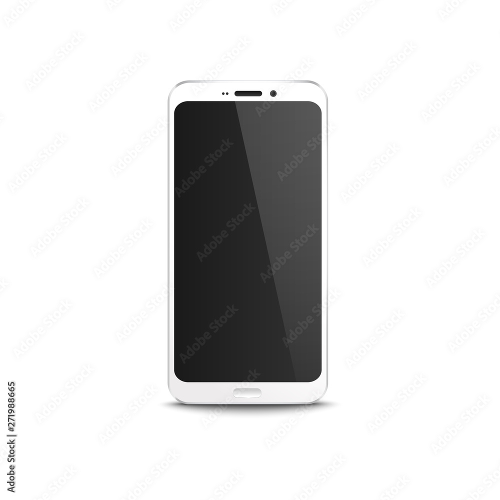 White mobile phone with black blank display, realistic mockup of modern smartphone with locked home screen White mobile phone with black blank display, realistic mockup of modern smartphone with locked home screen