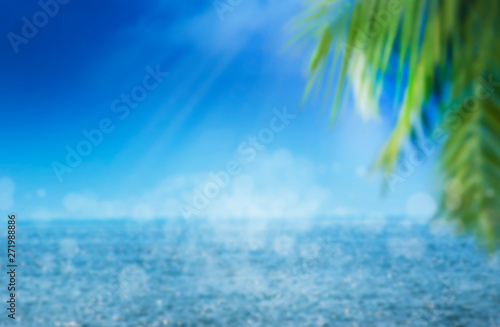 Blurred summer natural marine tropical blue background with palm leaves and sunbeams of light. Sea and sky with white clouds. Copy space, summer vacation concept