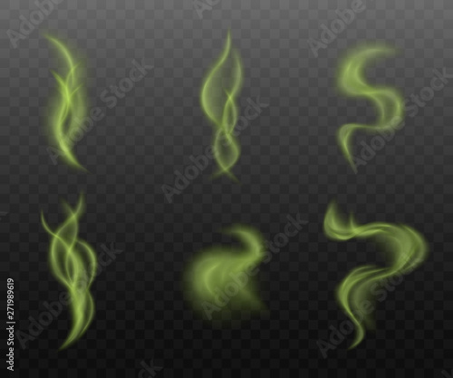 Set of green smoke clouds on transparent background, realistic vapor steam collection in curvy motion shapes