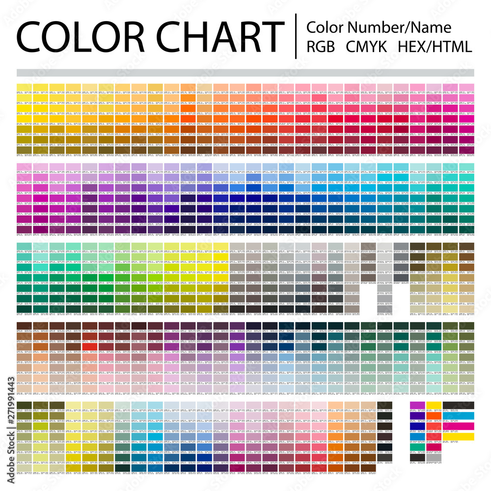 Color Chart. Print Test Page. Color Numbers or Names. RGB, CMYK, Pantone,  HEX HTML codes. Vector color palette. Stock Vector