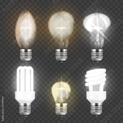WebSet of realistic electric light bulbs, different types of glass or fluorescent lightbulbs