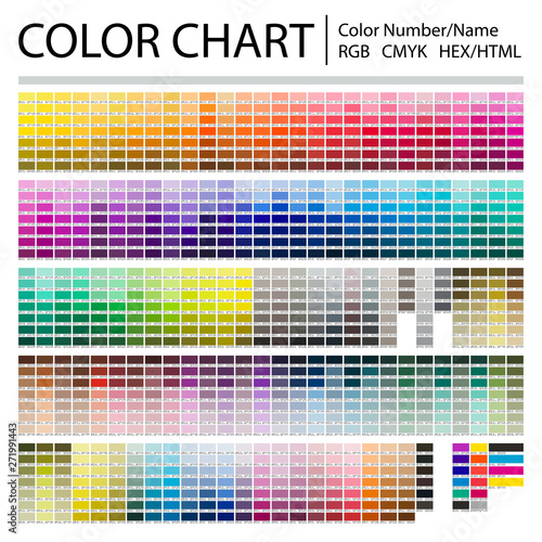 Color Chart. Print Test Page. Color Numbers or Names. RGB, CMYK, Pantone, HEX HTML codes. Vector color palette. photo