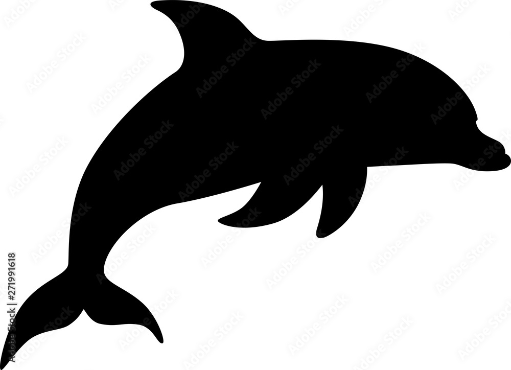 Fototapeta premium Marine mammal dolphin. Funny cute dolphin jumps out of the water. Silhouette vector card for logo or sign.