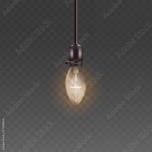 Single hanging vintage light bulb vector 3d realistic illustrations isolated.
