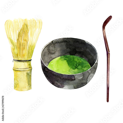 Watercolor illustration of matcha whisk, green tea and bamboo spoon