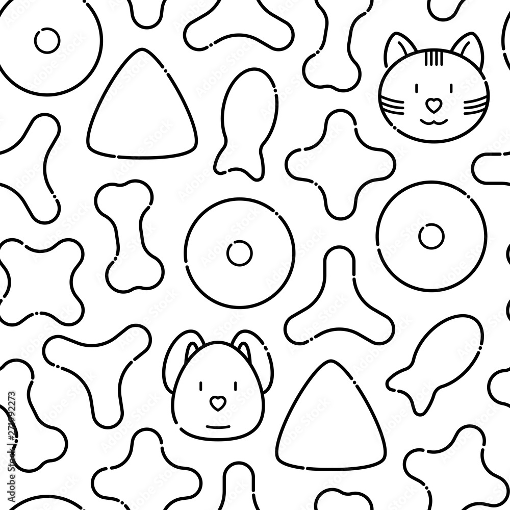 Pet food seamless pattern with thin line icons of dry food in different shapes and cute dog and cat. Modern vector illustration for background. Pet food seamless pattern with thin line icons of dry food in different shapes and cute dog and cat. Modern vector illustration for background.