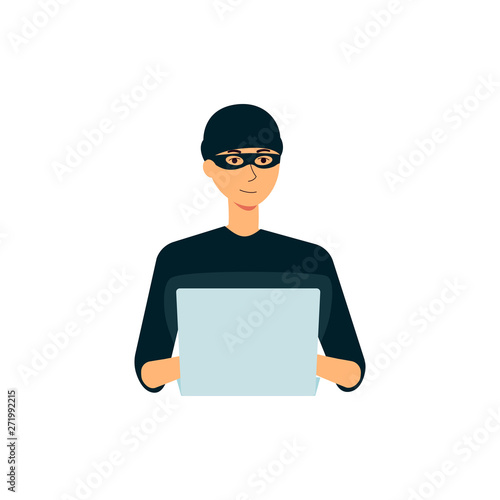 Hacker sitting at the desktop and hacking login vector illustration isolated.