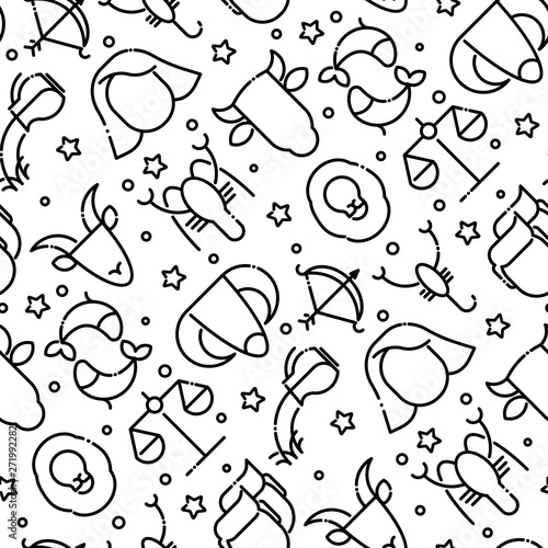 Zodiac signs seamless pattern with thin line icons for banner with horoscope, web site or background. Vector illustration.