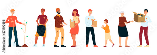 Set of volunteers people doing different charity activities cartoon style