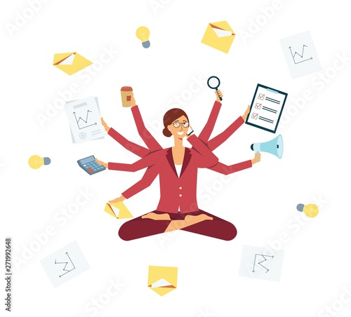 Business woman multitasking during manager job, female hard worker with many arms