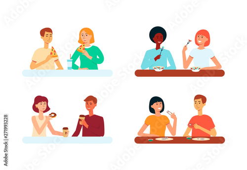 Set of people couples sit at table eating various food flat cartoon style