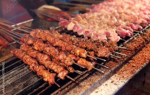 Delicious grilled bbq goat skewer street food at Muslim Quarter, street, Xi'an