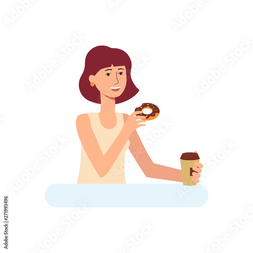 Young woman eating healthy food snack flat cartoon vector illustration isolated.