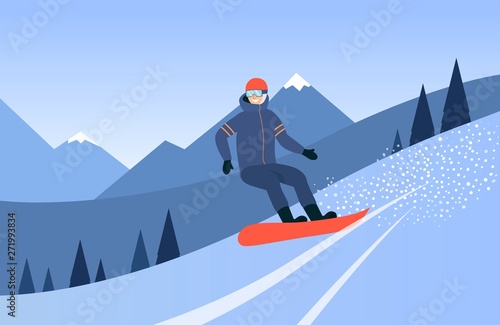 Man snowboarding in the mountains flat vector illustration isolated on white.