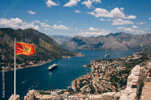 Montenegro Adriatic Sea and mountains. Picturesque panorama of the city of Kotor on a summer day. Panoramic view of the Bay of Kotor and the city. Cruise liner in the Bay of Kotor photo