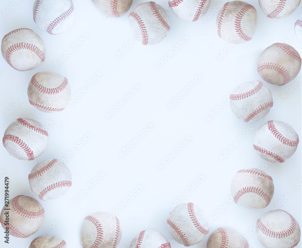 Baseball border on white background with balls and copy space for