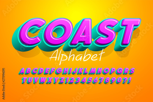 Colorful 3d display font design, alphabet, letters and numbers.
